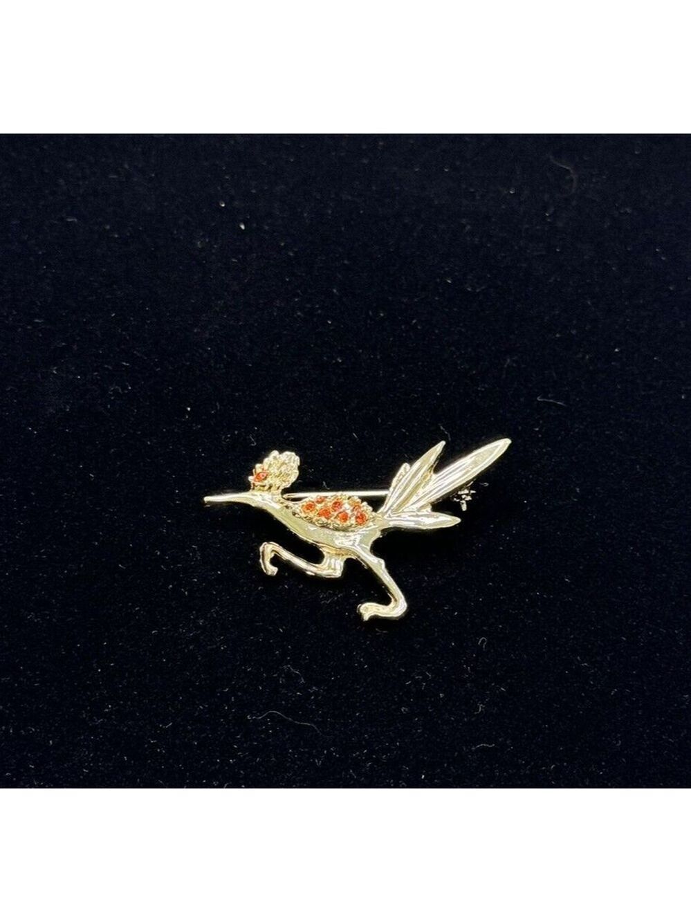 Vintage Enamel Gold Tone Orange Eye Rhinestone Road Runner Bird Brooch Pin